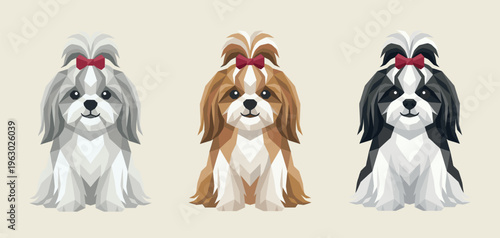 Long Hair Shih Tzu Dog Low Poly Vector Set, Cute Cartoon Puppy Collection