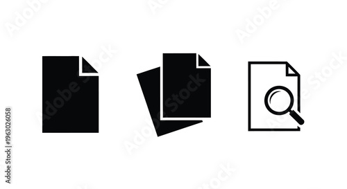 Three document icons with a magnifying glass black silhouette