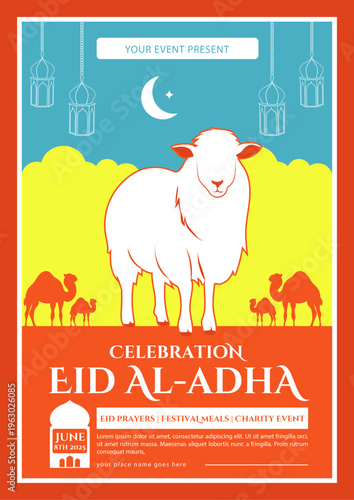 Celebrate Eid Al-Adha with this vibrant and professionally designed poster featuring a central sheep illustration, desert camel silhouettes, hanging lanterns, and bright festive colors. Ideal for prom