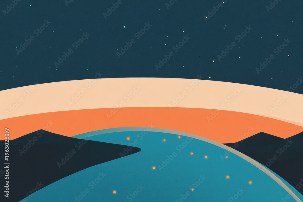 Fototapeta premium Abstract curved horizon with glowing connection dots. Concept of global communication, data flow and network technology.