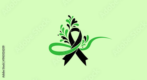 Black awareness ribbon with green decorative elements.