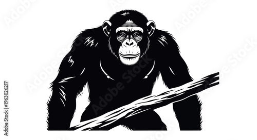 Black and White Illustration of a Chimpanzee on a Branch.