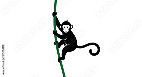 Black Monkey Climbing Green Vine Illustration.