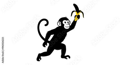 Black Monkey Holding a Banana in a Dynamic Pose.