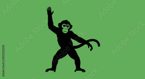 Black Monkey Silhouette Dancing on Green Background.
