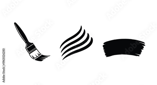 Three artistic brushstroke shapes presented in a stark black silhouette