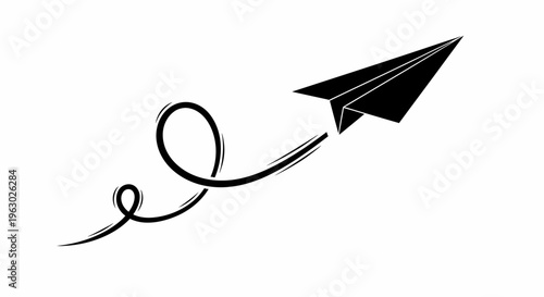 Black paper airplane soaring through the sky with a whimsical trail.