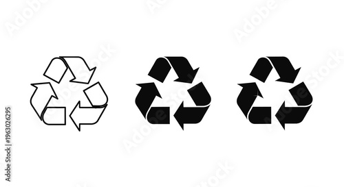 Three recycling symbols in varying styles a dark outline silhouette