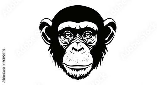 Detailed Black and White Illustration of a Chimpanzee Face.
