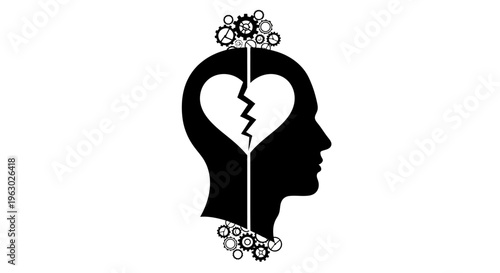 Broken Heart Inside Silhouette Head Gears Symbolizing Mental Health.