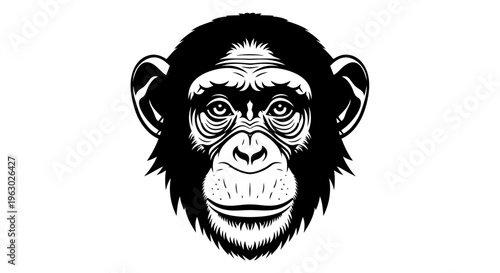 Detailed Black and White Illustration of a Chimpanzee Face.