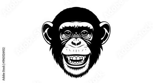 Detailed Black and White Illustration of a Chimpanzee Face.