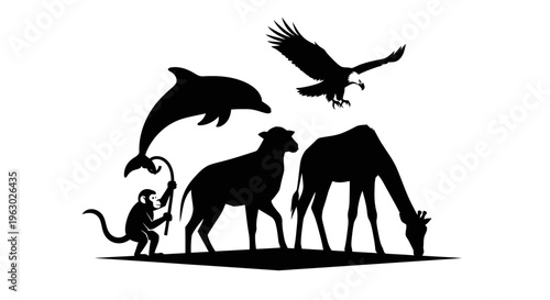 Diverse Animal Silhouettes Collection Featuring Giraffe Dolphin Eagle Sheep Monkey.