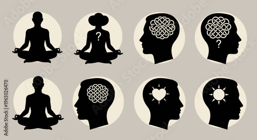 Mindfulness and Brain Activity Silhouettes Representing Mental States.
