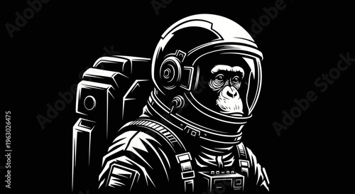 Chimpanzee astronaut in detailed space suit exploring the cosmos.