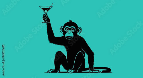 Chimpanzee holding a martini glass in a celebratory pose.