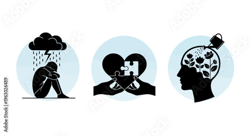 Mental Health Awareness Icons Representing Sadness Support Growth.