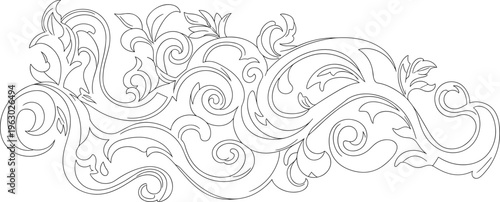 Elegant Vintage Baroque Floral Scrollwork Vector Illustration Featuring Decorative Filigree Swirls and Ornate Leaf Elements for Luxury Border Design Projects