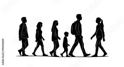 Diverse group of people walking together in silhouette.