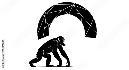 Chimpanzee walking under geometric archway abstract design.