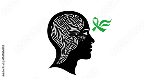 Silhouette of a Human Head with Stylized Brain and Green Awareness Ribbon.