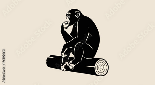Chimpanzee sitting on a log contemplating deeply.
