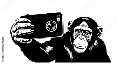 Chimpanzee taking a selfie with a smartphone.