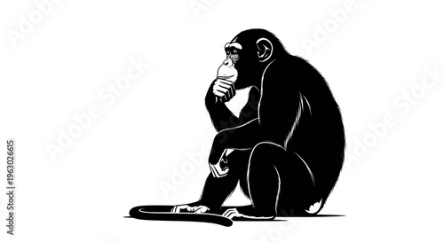 Chimpanzee sitting thoughtfully with hand on chin.