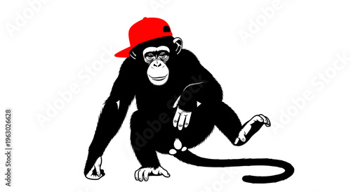 Chimpanzee Wearing a Red Baseball Cap in a Playful Pose.