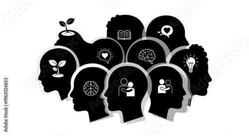 Diverse human minds and thoughts represented by silhouettes.