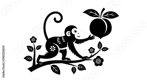 Chinese paper cut monkey reaching for a peach fruit.
