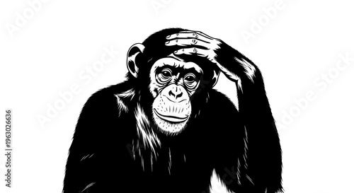 Chimpanzee with hand on head in black and white illustration.