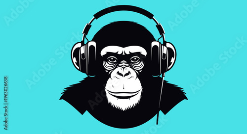Chimpanzee Wearing Headphones Listening to Music.