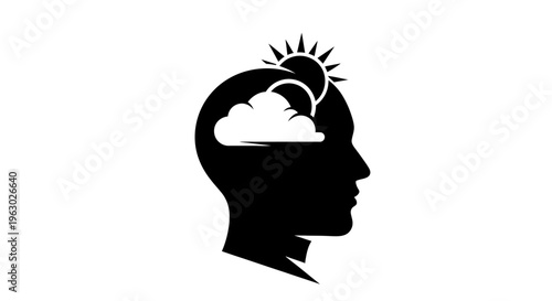 Silhouette of a human head with sun and clouds inside.