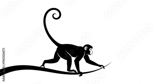 Silhouette of a monkey climbing on a branch.