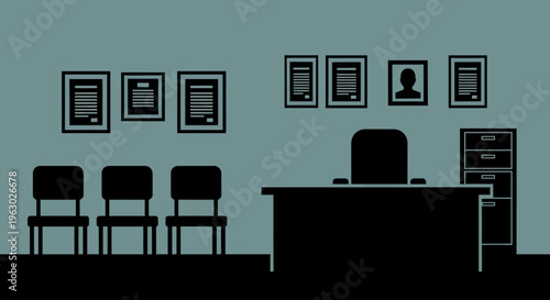 Office waiting area with reception desk and chairs.