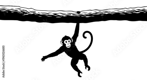 Silhouette of a monkey hanging from a branch.