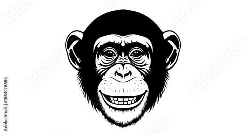 Close-up black and white illustration of a chimpanzee face.
