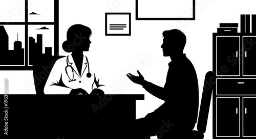 Doctor and patient discussing health in a medical office setting.
