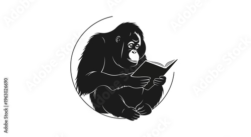 Orangutan reading a book illustration.