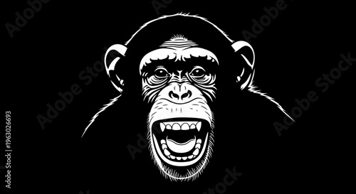 Close-up Black and White Illustration of a Chimpanzees Face.
