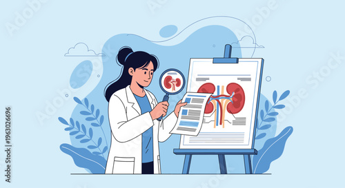 Female doctor analyzing human kidney anatomy diagram on an easel using a magnifying glass for medical education.