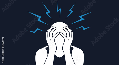 Person holding head in distress with lightning bolts symbolizing pain.