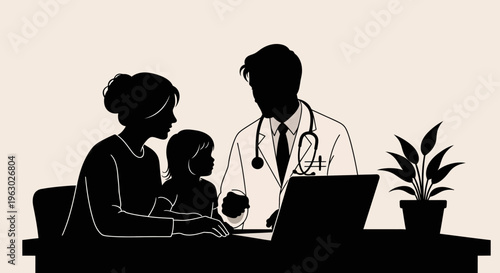 Doctor consulting with mother and child at desk.
