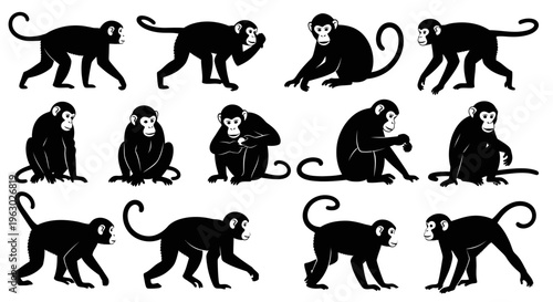 Collection of Black Monkey Silhouettes in Various Poses.