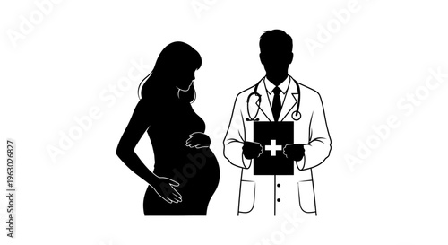 Pregnant Woman and Doctor Silhouette Medical Consultation.
