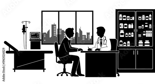 Doctor consulting with patient in medical office setting.