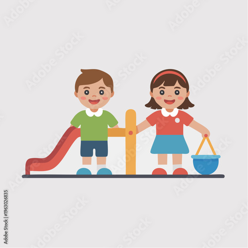 Colorful cartoon children playing on playground equipment illustration