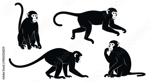 Collection of Black Silhouette Monkeys in Various Poses.