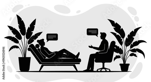 Psychologist therapy session with patient on couch.